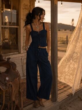 Tyler McGillivary 100% Cotton Blue Corduroy LaceUp Top Wide Leg Pant Set Size XS